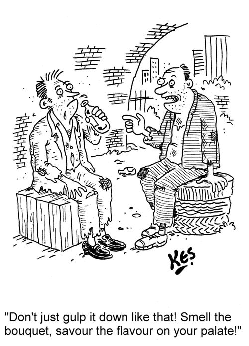 'Don't just gulp it down like that! Smell the bouquet, savour the flavour on your palate!'