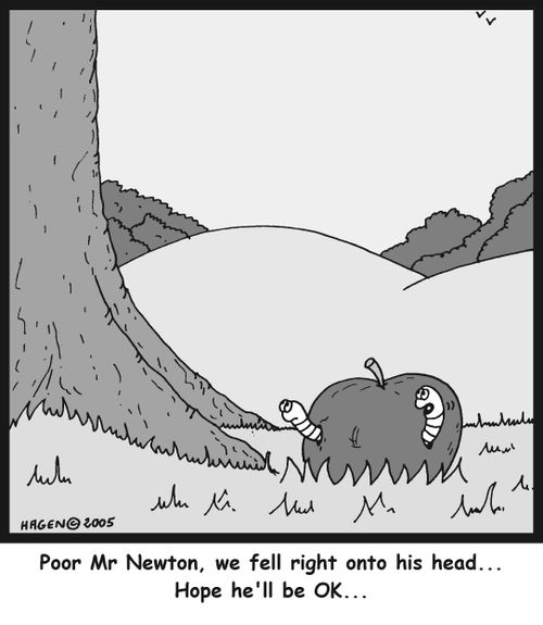 'Poor Mr Newton, we fell right onto his head... Hope he'll be OK...'