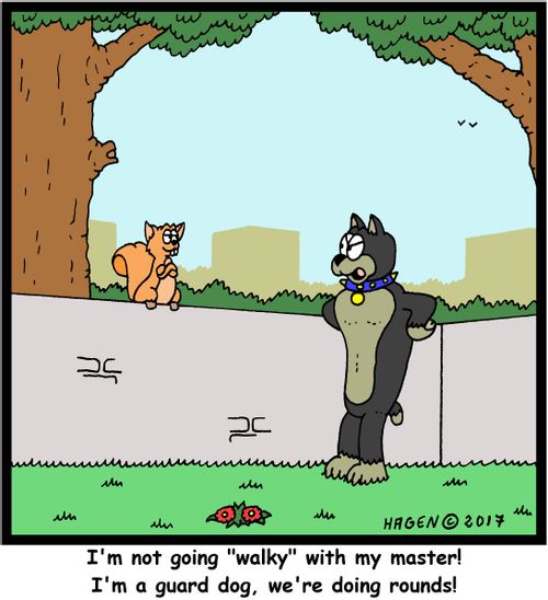 "I'm not going "walky" with my master! I'm a guard dog, we're doing rounds!"