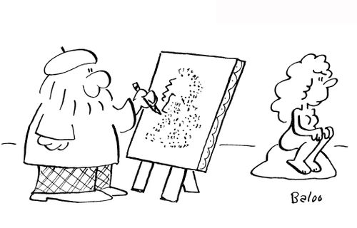 Artist uses connect-the-dots canvas to paint nude model.
