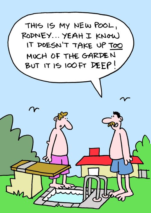 "This is my new pool Rodney...yeah, I know it doesn't take up too much of the garden but it is 100ft deep!"