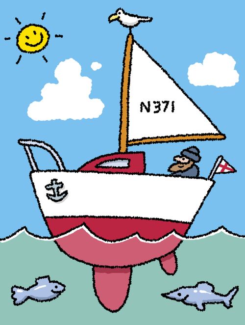 A sailor in his little yacht bobbing on the waves