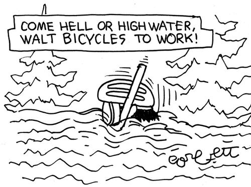 Come hell or high water, Walt bicycles to work!