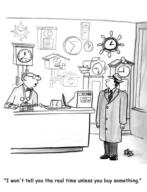 'I won't tell you the real time unless you buy something.'