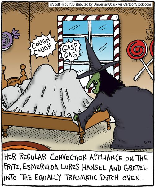 Her regular convection appliance on the fritz, Esmerelda lures Hansel and Gretel into the equally traumatic Dutch oven.