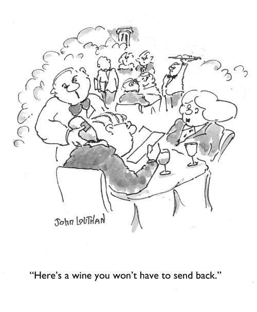 Annoyed waiter pours wine over picky wine connoisseur.