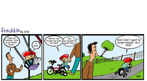 Freddie and dad playing in park. Dad wants to go home. Freddie says, Better not forget my bike, and better not forget myself!