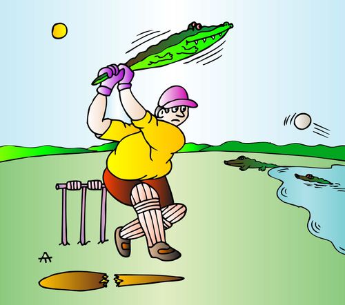 Cricket batsman uses an alligator after he breaks his bat.