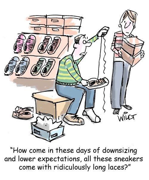 "How come in these days of downsizing and lower expectations, all these sneakers come with ridiculously long laces?"
