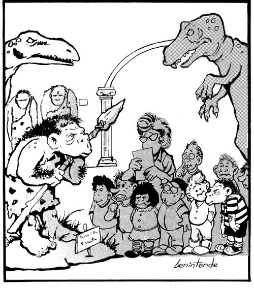 A caveman kid sees his ancestor in a museum exhibit