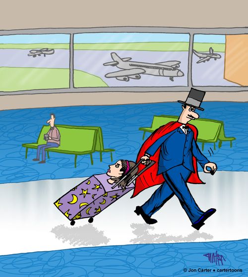 Magician is at airport terminal with cut-in-half assistant on luggage stroller.
