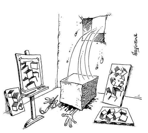 Cubist painter crushed by cube from wall