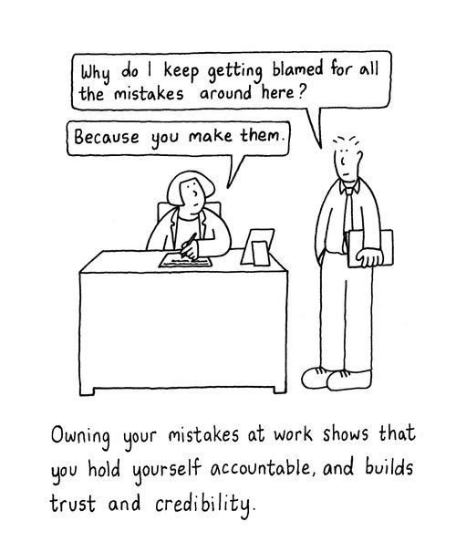 Owning your mistakes at work shows that you hold yourself accountable, and builds trust and credibility.