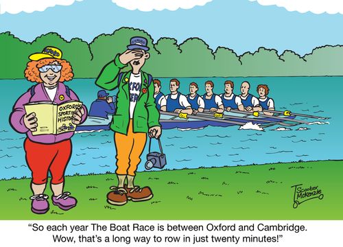'So each year The Boat Race is between Oxford and Cambridge. Wow, that's a long way to row in just twenty minutes!'