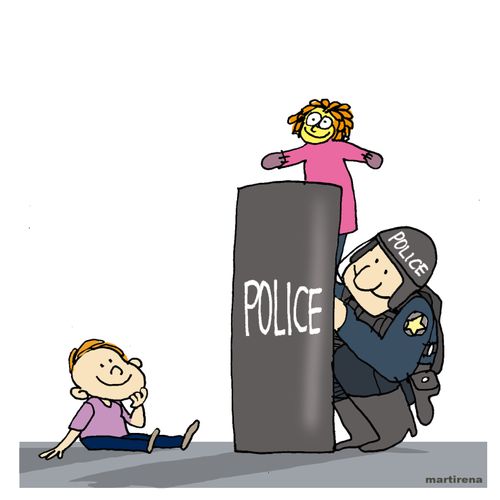 Police officer does a puppet show for a child.