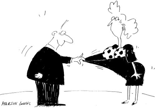 Man pulling down a womans top to reveal two footballs