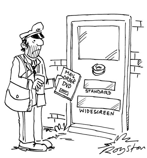 Postman has mail order DVD. Door has two letterboxes: standard and widescreen