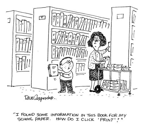 'I found some information in this book for my school paper. How do I click 'print'?'