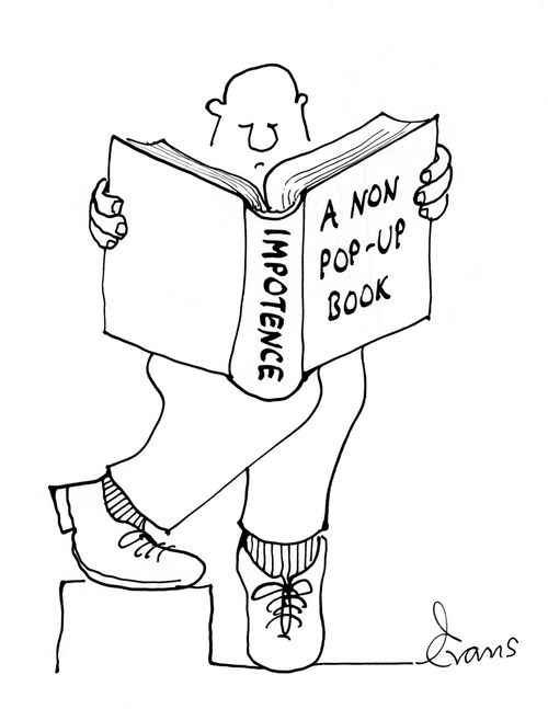 Man reading a book entitled; Impotence - a non pop-up book.