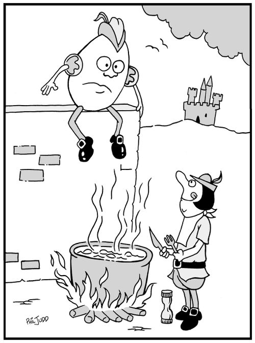 Humpty Dumpty is sitting on a wall, Below is a man with a boiling pot waiting for him to land in it, Man is licking is lips, he has napkin on and is holding a knife and fork,
