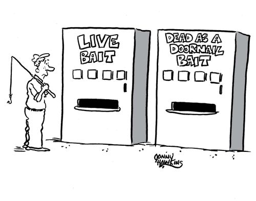 Two vending machines for fisherman: 'Live Bait' next to 'Dead as a Doornail Bait'