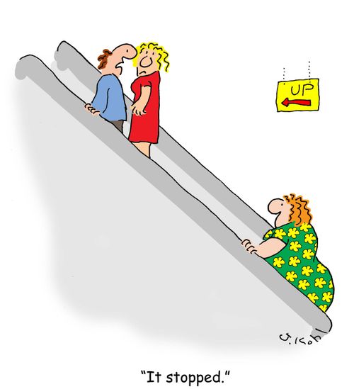 Fat woman on escalator - 'It stopped.'