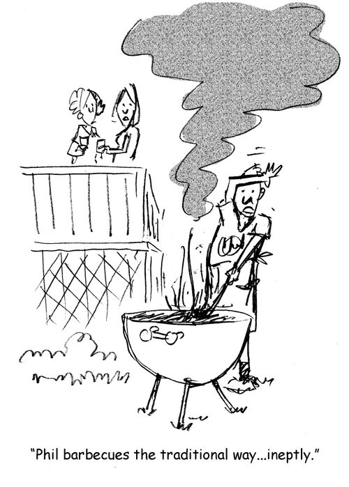 'Phil barbecues the traditional way...ineptly.'