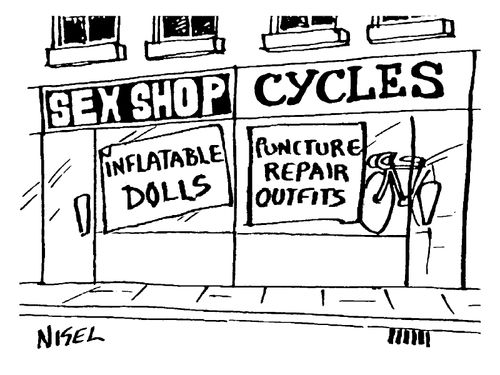 'Cycle shop' selling puncture repair kits next door to a 'Sex shop' selling inflatable dolls