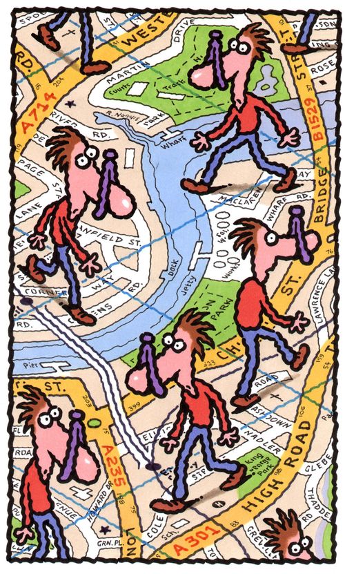 People on a map with pegs on their noses.