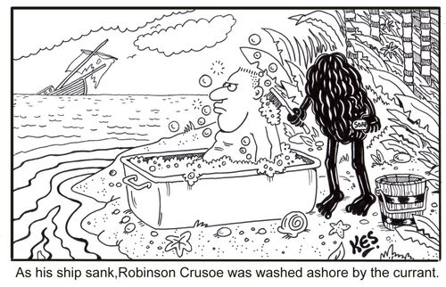 As his ship sank,Robinson Crusoe was washed ashore by the currant.