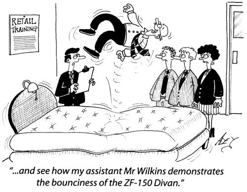 "And see how my assistant Mr Wilkins demonstrates the bounciness of the ZF-150 Divan."
