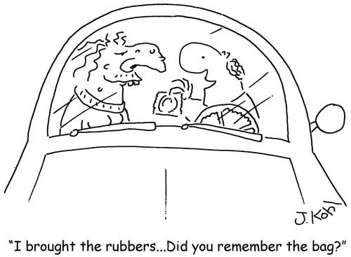 'I brought the rubbers...Did you remember the bag?'