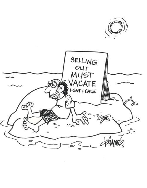 Man on an Island has a sign that says: Selling Out Must Vacate Lost Lease.