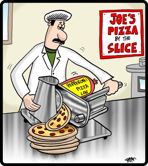 Man is preparing pizza by the slice.