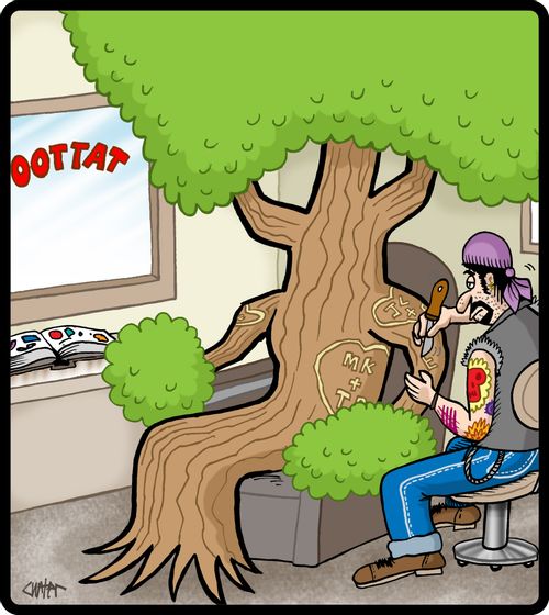 Tree gets a 'tattoo' carved in at a tattoo parlor.