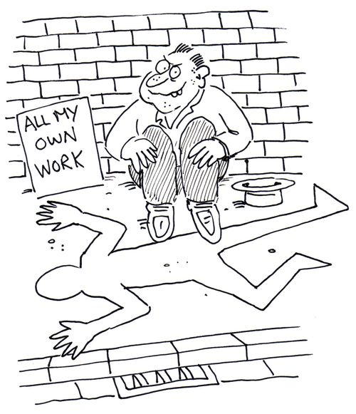 Sinister looking man sits near outline of body, with a sign that reads: 'All my own work'.