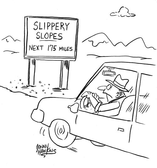 Driver sees sign: 'Slippery Slopes ... Next 175 Miles'