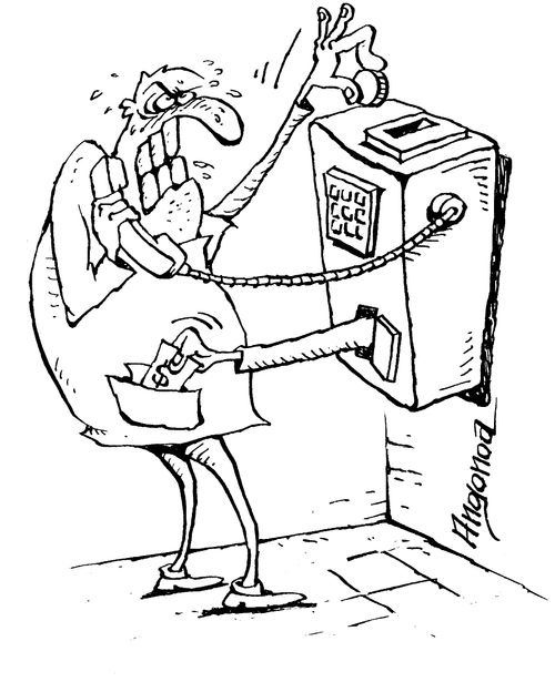 Public telephone taking money from a caller.