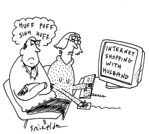 Couple in front of computer. Screen reads 'Internet shopping with husband'. Husband is huffing, puffing and sighing.