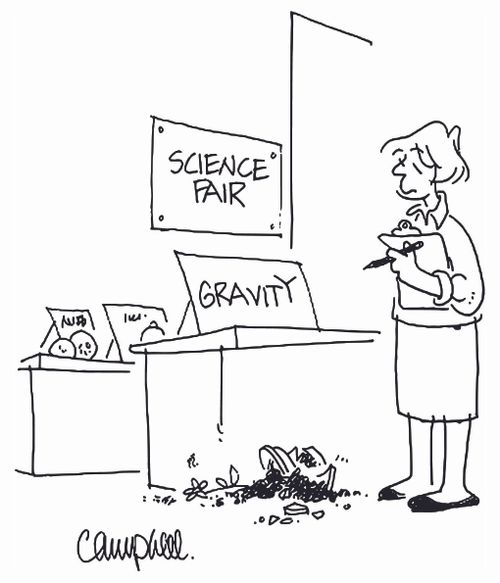 Science fair judge sees flower pot broken on floor near sign saying 'gravity'. 