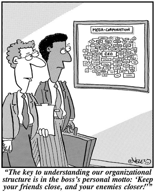 'The key to understanding our organizational structure is in the boss's motto: 'Keep your friends close, and your enemies closer!''