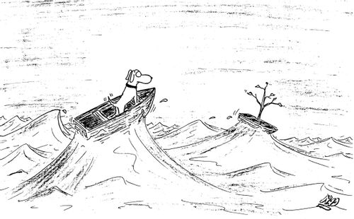 A small dog is in a boat stranded in the ocean and longs for the tree he sees in another boat.