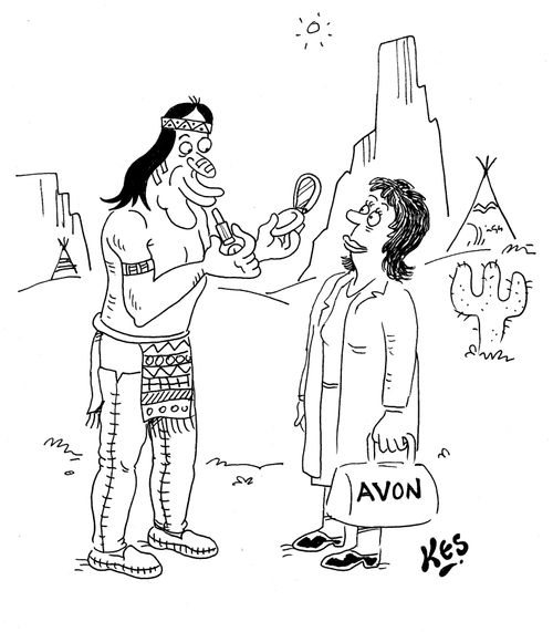 Indian brave buys warpaint from Avon lady.