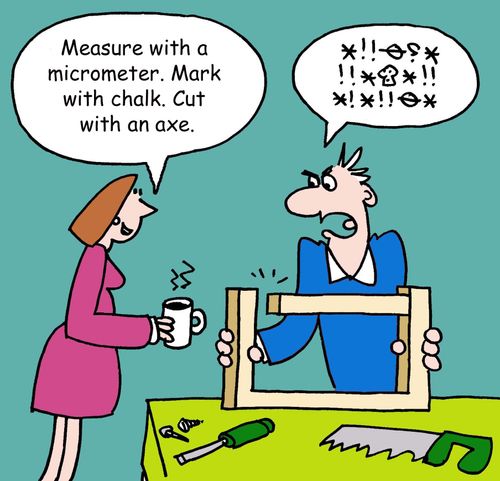 "Measure with a micrometer. Mark with chalk. Cut with an axe."