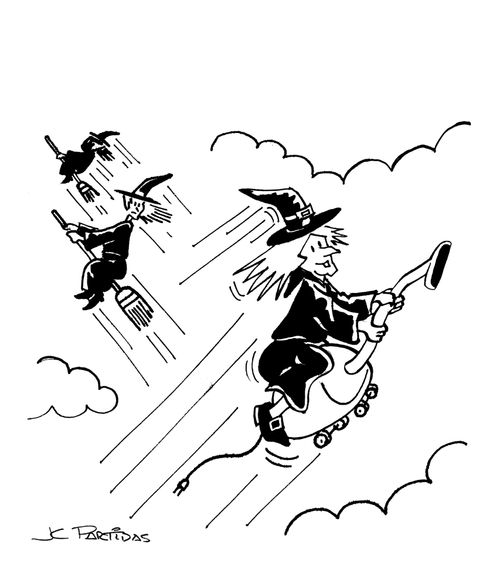 Witches flying on broomsticks. One of them is flying on a vacuum cleaner.