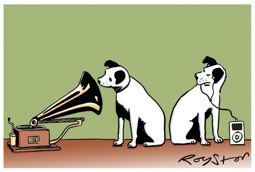 Dog using MP3 player scowls at dog that's still listening to gramophone player.