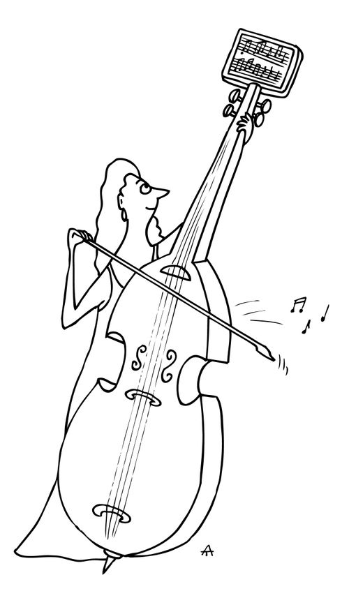 Cell players has the music score on top of the cello.