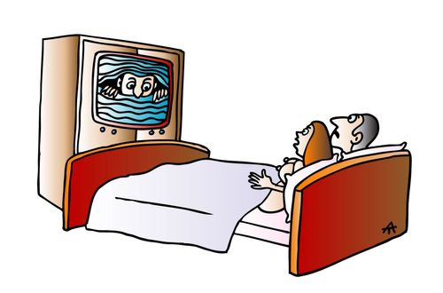 Man and woman being spied on from their TV.