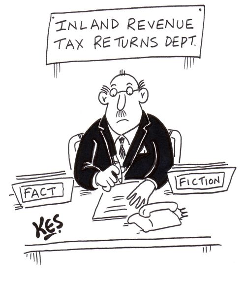 Clerk in tax office filing between fact and fiction.