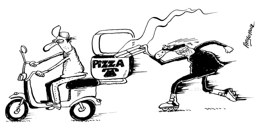Thief on rollerblades stealing pizza.